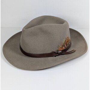 Vintage Wool Felt Outback Hat Fedora Hat Size Medium Feathered USA Made Bollman